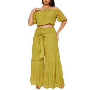 Fashion Nova Women's Chartreuse Tiered Wide Leg Take Me On A Vacay Pants Size 2X